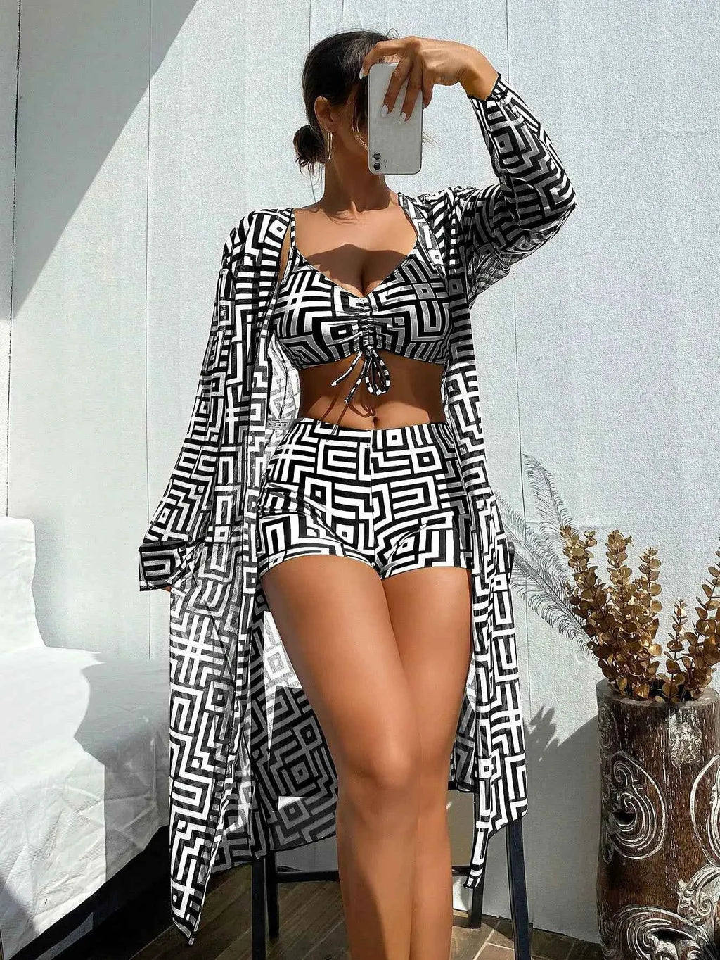 Women's Beach Summer Geometric Print Three-Piece Swimsuit Set with Long Sleeve Beach Cover-Up, Polyester Knit Fabric with Elasta