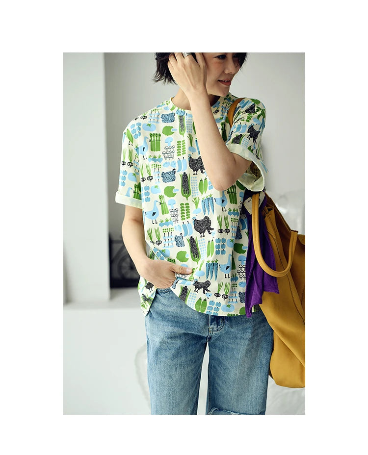 MICOCO T5310C Literary style fresh cartoon print loose crew neck short sleeve T-shirt women