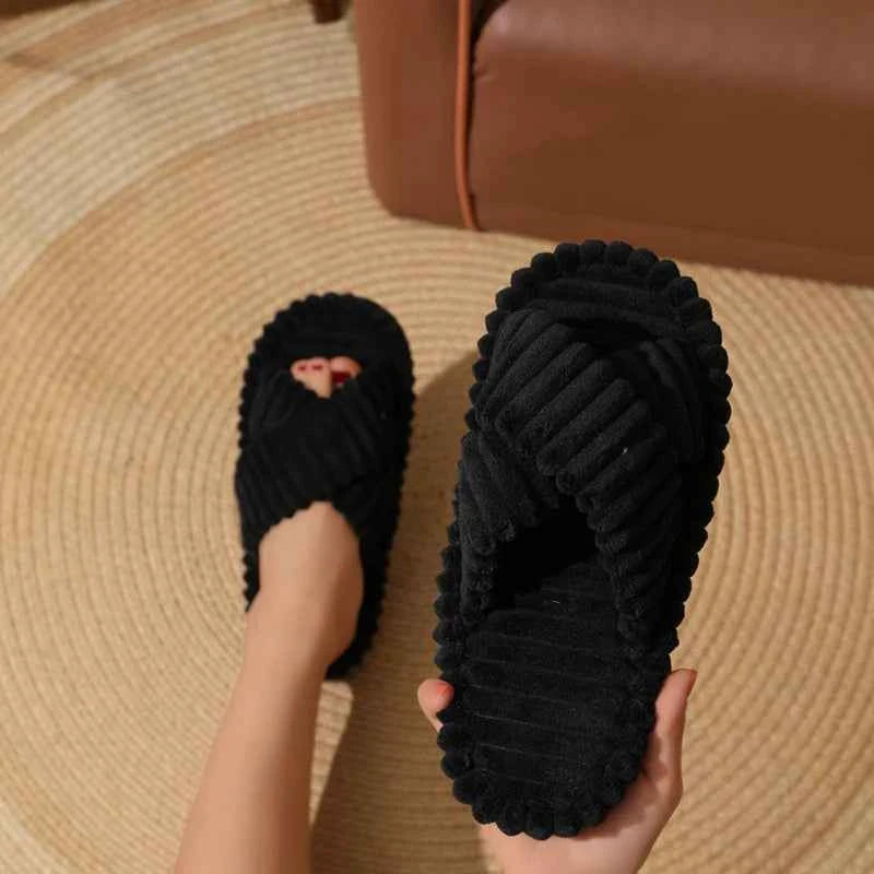 Fashion Corduroy Cross Band Home Slippers Women Spring Autumn Warm Plush Slides Woman Indoor Bedroom Soft Sole Cotton Slippers