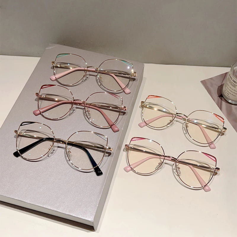 KAMMPT Oversized Cat Eye Glasses Women New Vintage Metal Rim Blue Light Blocking Eyeglasses Trendy Fashion Design Optical Frames