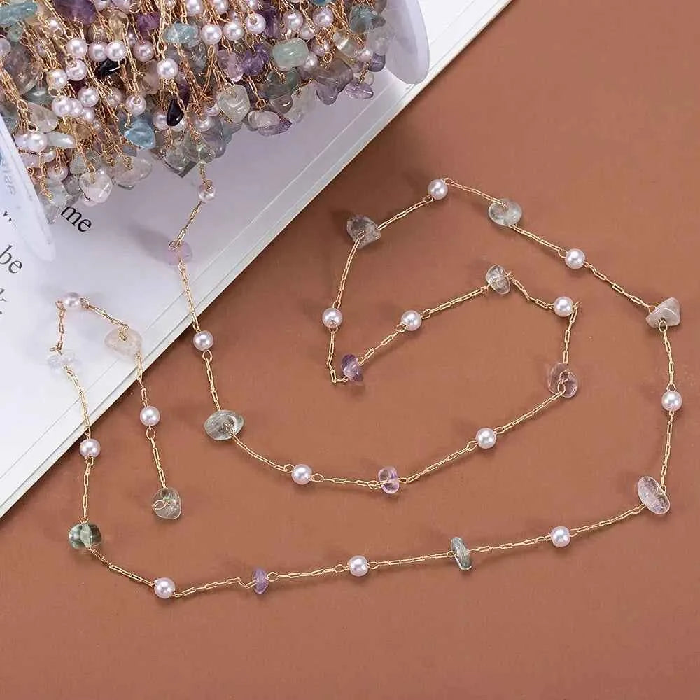 1 Meter/lot Irregular Stone Beads Copper Chain with 4MM Pearls Beads Links for DIY Jewelry Necklace Bracelet Pendant Accessories