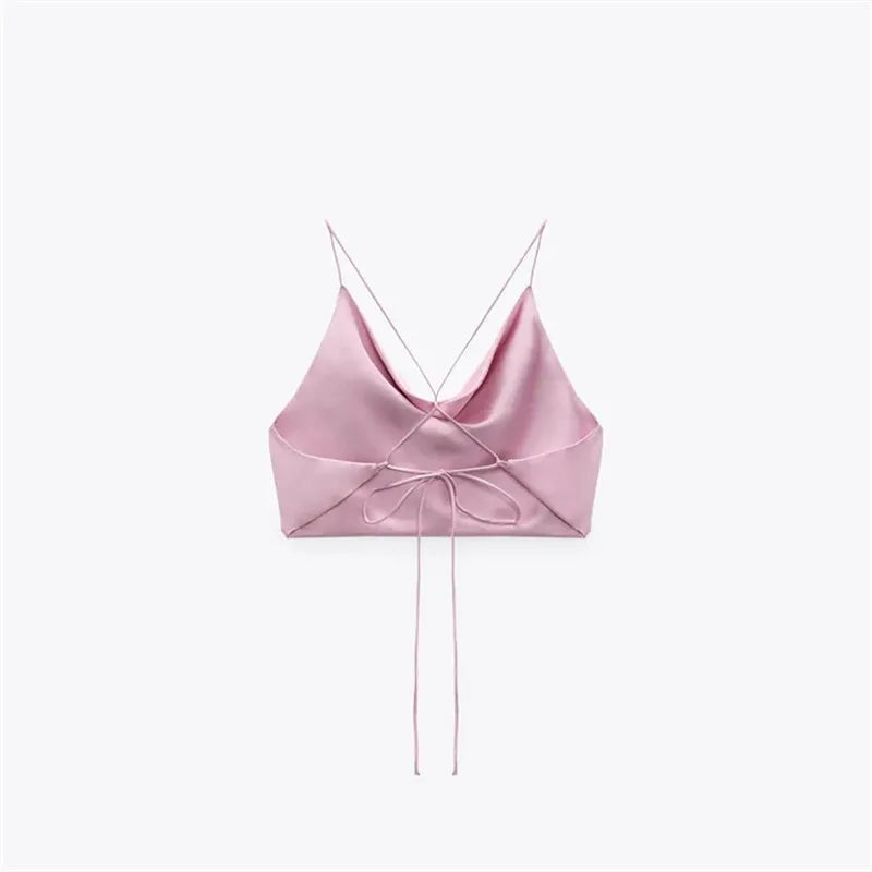 MUJER Satin Crop top Women Summer White Pink Red Cami Top Woman 2025 Sexy Backless Halter Tops for Women Camisole Strap Tank Top