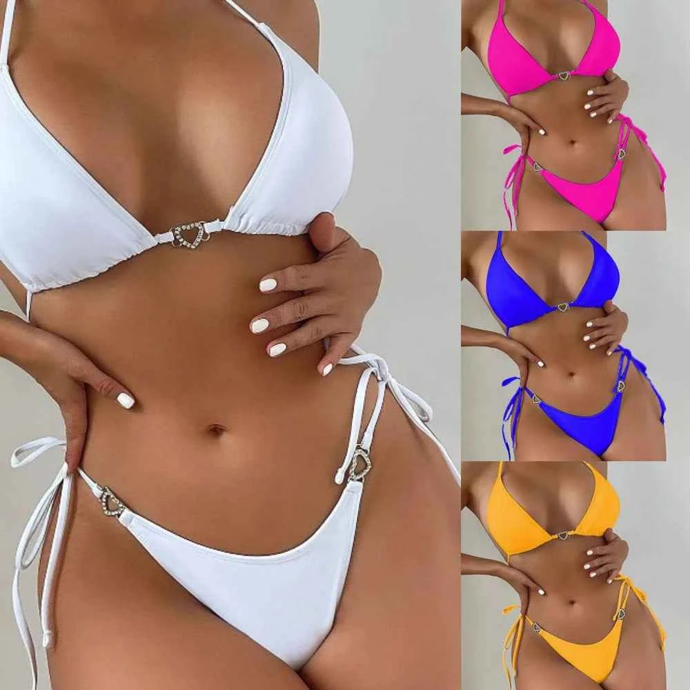 Women Solid Bikini with Crystal Heart Front and Waist Sexy Halter Swimsuit Low Waisted Swimwear Blue/White/Yellow/Rose Swimsuit