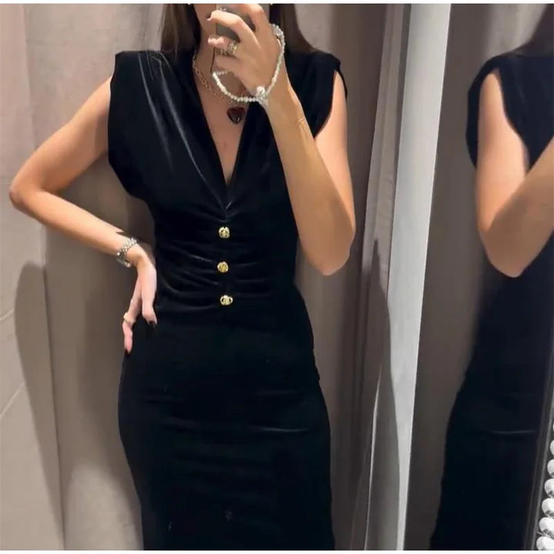 Elegant Velvet Long Dress Women V Neck Sleeveless High Waist Shoulder Pad Dresses Female 2025 Fashion Evening Vent Dresses Lady