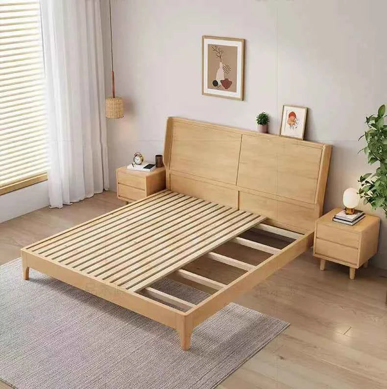 Home Furniture Bedroom Heavy Duty Wood Platform Dormitory Bed with Wood Headboard, Modern Double Bed Frame