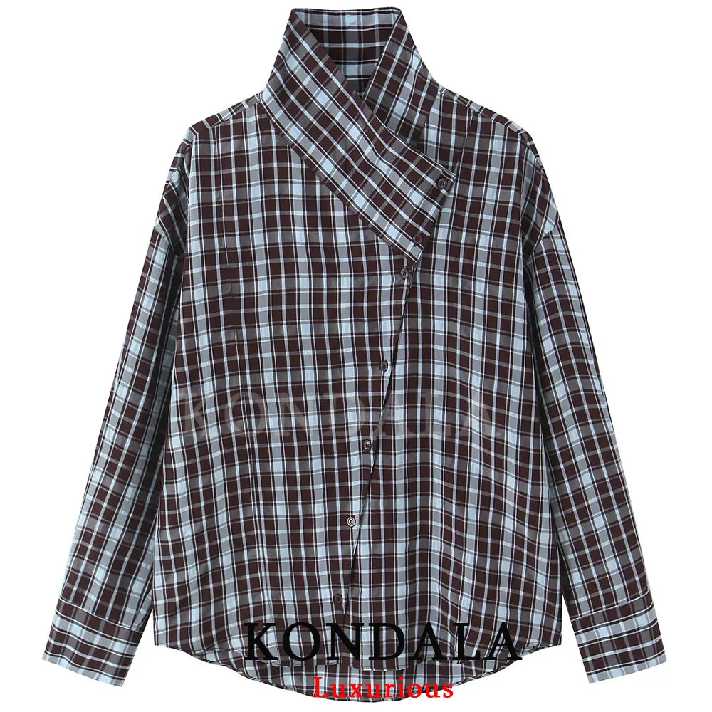 KONDALA Streetwear Casual Chic Women Blouse Plaid Stand Collar Single Breasted Blouse Fashion 2026 Spring Summer Holiday Blouse