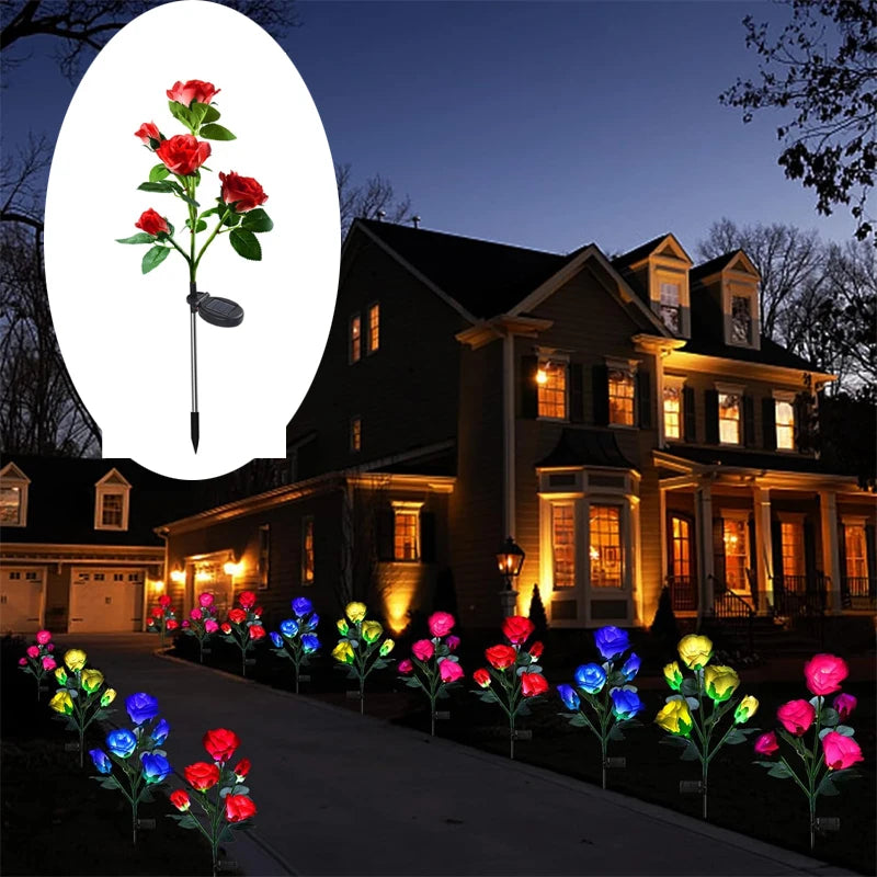 Solar Led Lights Outdoor Decorative 5 Heads Solar Garden Lights Waterproof Rose Flower Lawn Lamp for Yard Patio Garden Decor