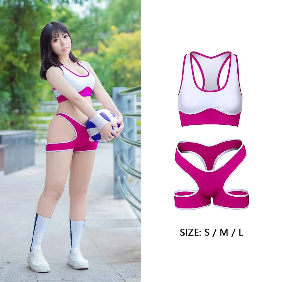 Sexy Cute Pure Desire Bra Set Girl Cheerleading Sports Underwear Lingerie Student Cosplay Costumes Hollow Split Swimsuit Bikini
