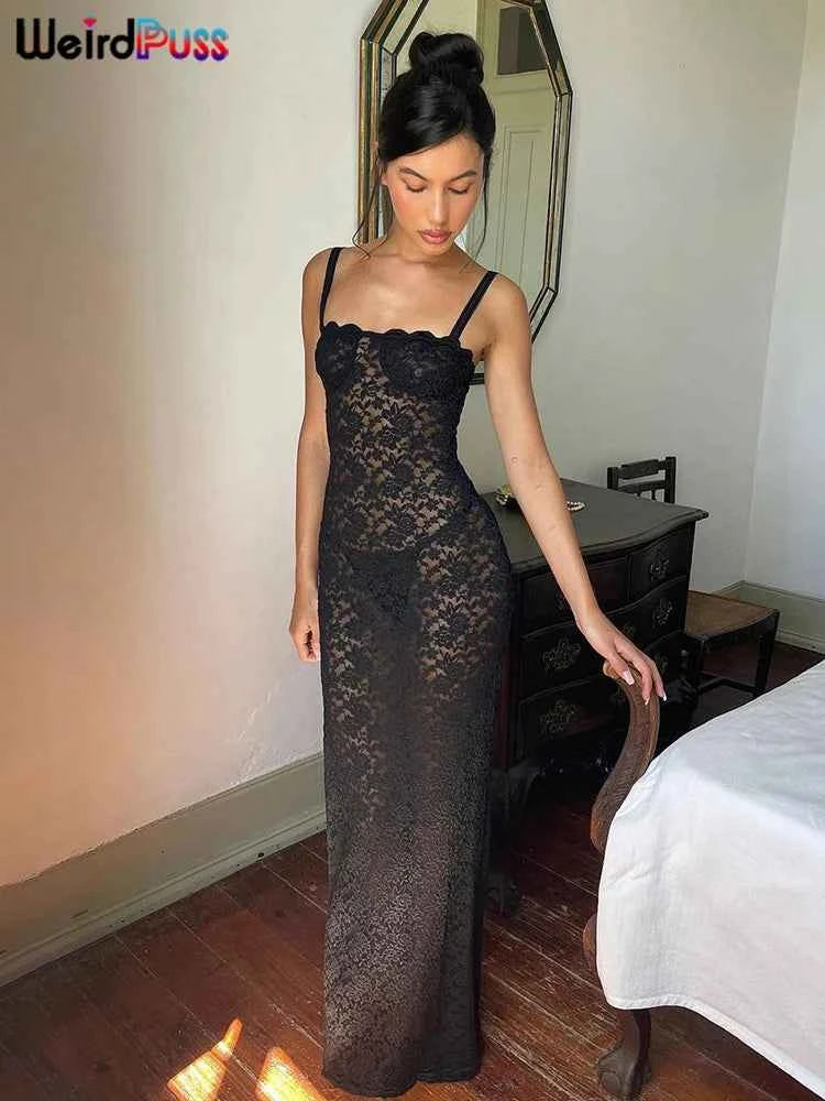 Weird Puss Lace Black Women Maxi Dress See Through Sleeveless Ladies Sexy Coquette Nightclub Party Bodycon Slim Fit Vestidos