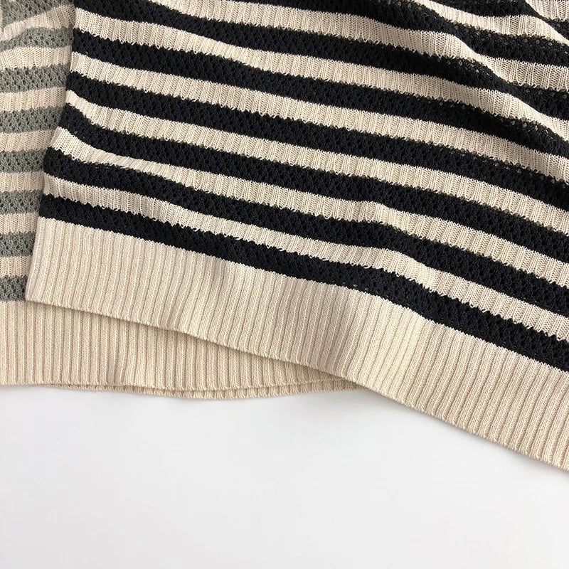 Spring and Summer Japanese Korean 1-6Y Children's Hollow Knitted Shirts Stylish Girl's Boy's Striped Short Sleeved T-shirts