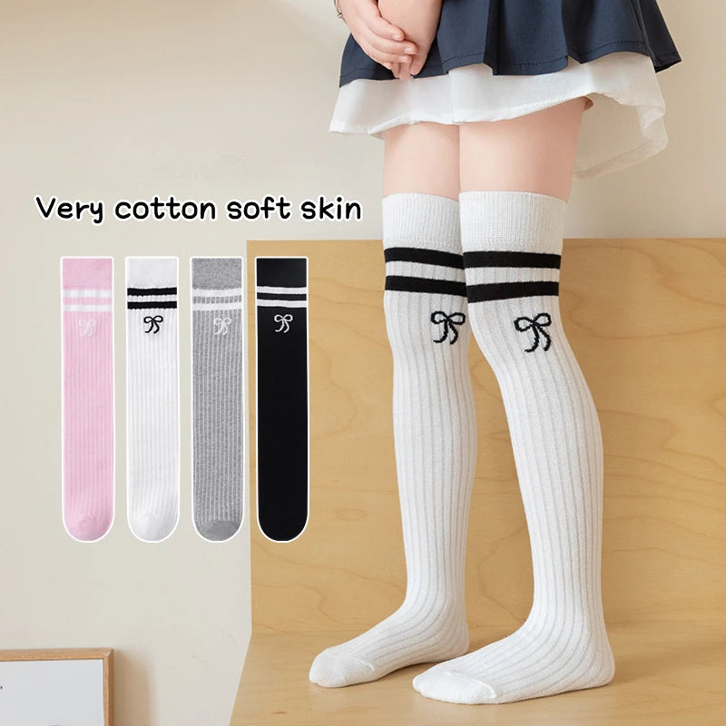40CM Children's Long Socks Spring and Summer Girls' Bow Princess Skirt Paired with Knee High Sock Striped High Tube Cotton Socks