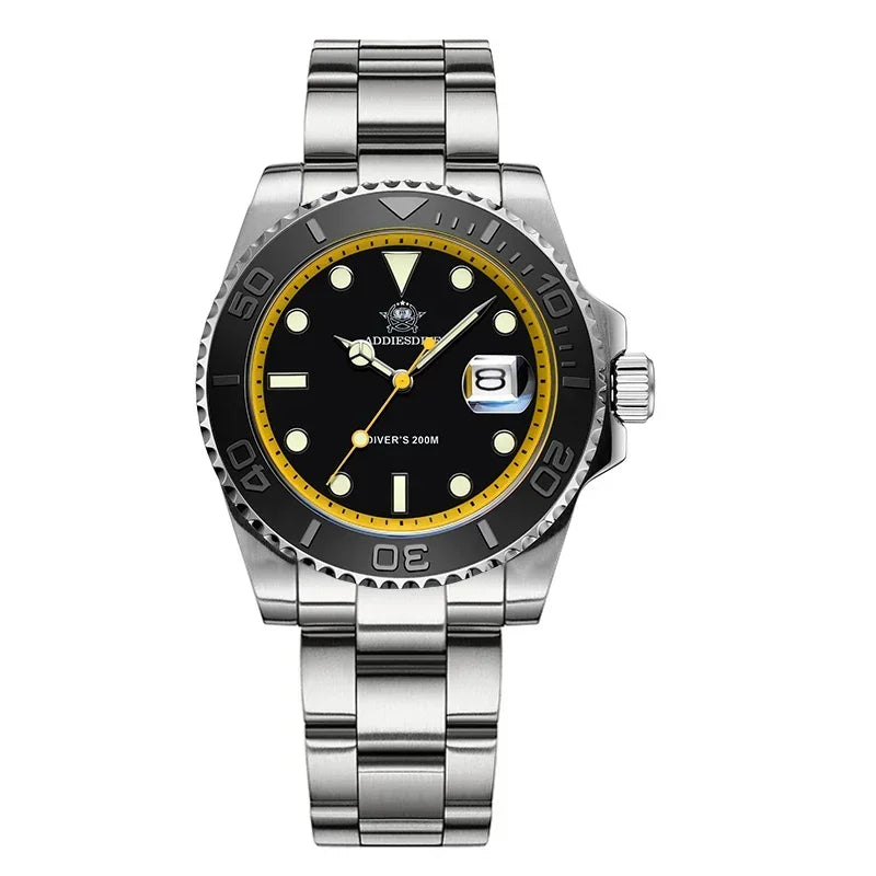 ADDIESDIVE Top Brand Mens Quartz Watches 41mm Stainless Steel Calendar Display Luxury Watch Luminous 200m Dive Casual Wristwatch