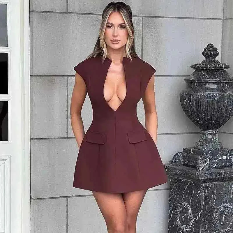 Townlike Pocket Elegant A-line Dress Women Mini 2024 Spring Summer Dress Deep V Neck Nightclub Sexy Party Dresses Vestidos
