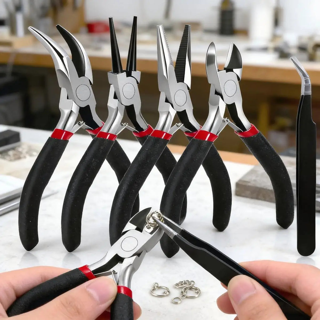 Complete Jewelry Making Tools Set: 4 Pliers (Bent Nose, Round Nose, Needle Nose, Side Cutter) + Tweezer for Jewelry Making, Wire