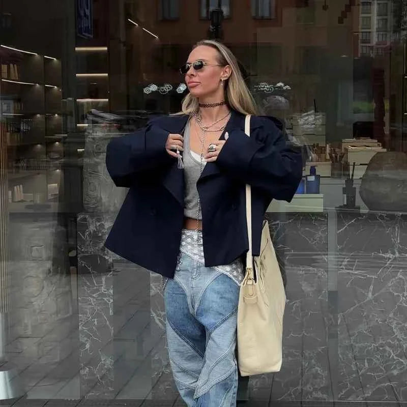 Cropped Lace-up Blue Casual Trench Coat Women Lapel Long Sleeve Wide Shoulder Windbreaker Jacket Fall Commute Daily Streetwear