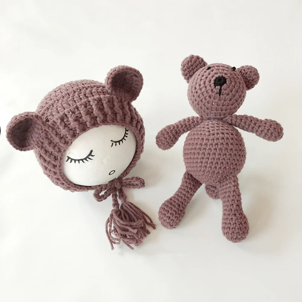 Newborn Photography Props Baby Bear Caps Rabbit Dolls Girls Boy Infant Baby Crochet Knitted Hat Photoshoot Accessories