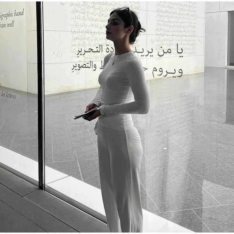 Women Top Pants Suit 2 Piece Sets Solid O-neck Long Sleeve Shirts Elastic Waist Trousers Female Outfits 2025 New Lady Tracksuit