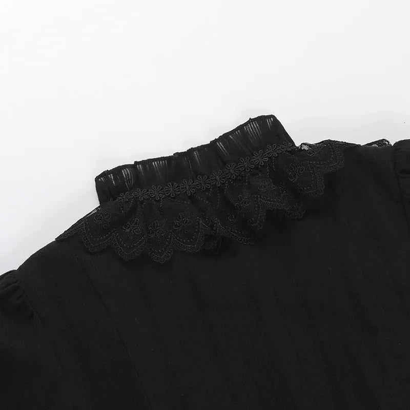 Sweet Lolita Cotton Shirts Women Vintage Gothic Black White Jacquard Short Sleeve Blouses Elegant Office Lady Y2k Tops