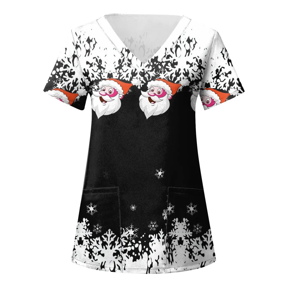 Womens Christmas Nurse T Shirt Print Short Sleeve V Neck Workwear With Pocket Working Nurse Work Wear Overalls Medical Uniforms