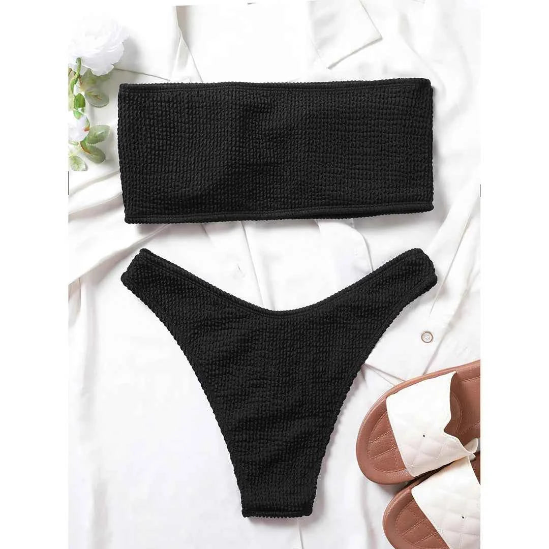 Bandeau Wrinkled Crinkled Bikini Female Swimsuit Women Swimwear Two-pieces Bikini set High Cut Bather Bathing Suit Swim V3314