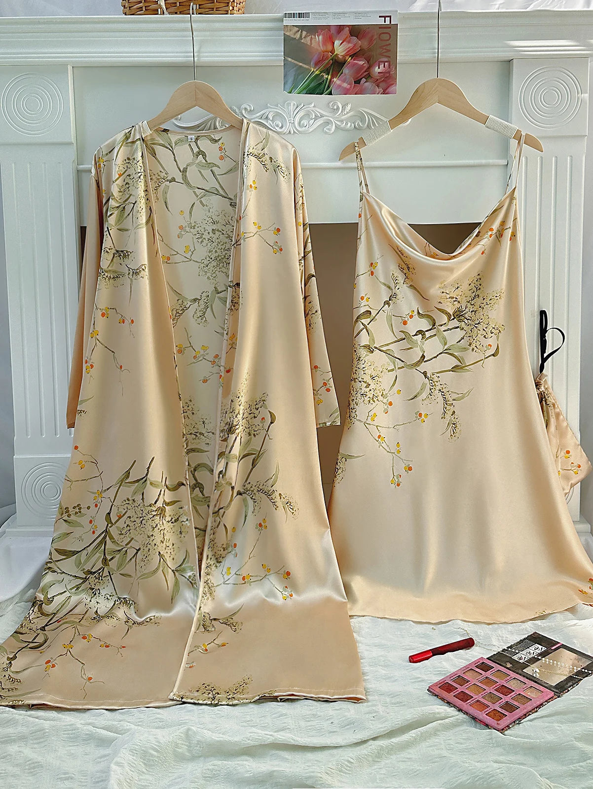 Floral Print Pajama Set Long Sleeve Robe With Belt   V Neck Slip Dress  Women's Sleepwear  Loungewear