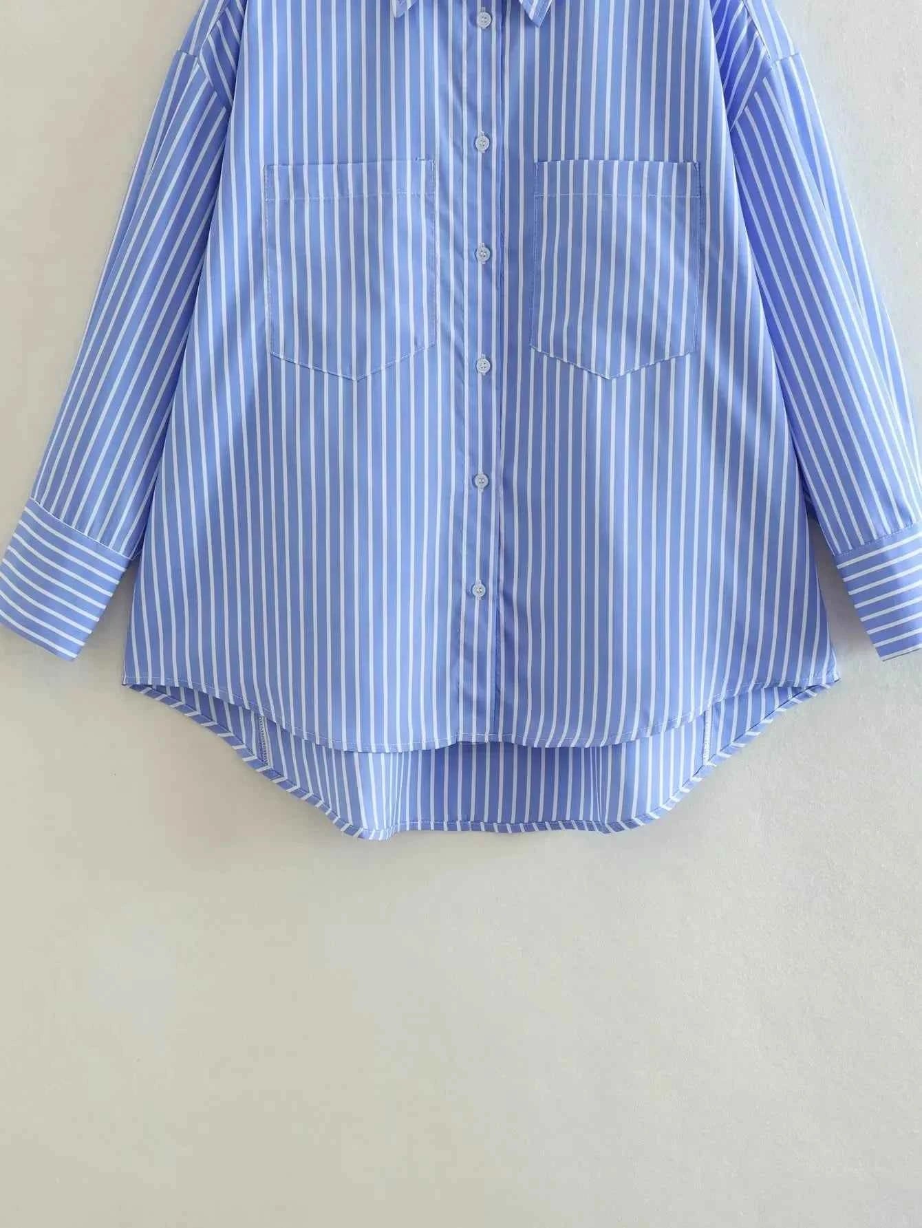 Women 2025 Pocket Stripe Printed Shirt Fashion Single Breasted Vintage Long Sleeve Spring Autumn Causal Elegant Loose Tops
