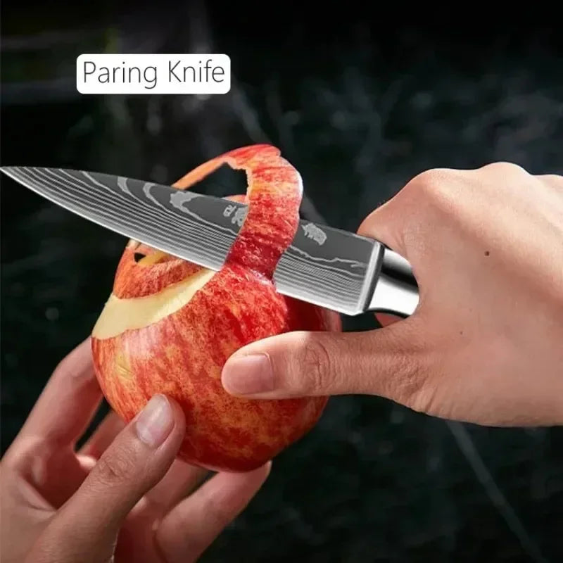 3PCS Kitchen Knife Set Laser Damascus Santoku Knife Utility Knife Professional Chef Knife Meat Cleaver Kitchen Accessories