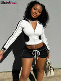 Weird Puss Casual Sporty 2piece Set Women Fall Trend Zip Hipster Patchwork Crop Jacket+Shorts Matching Classic Tracksuit Outfits