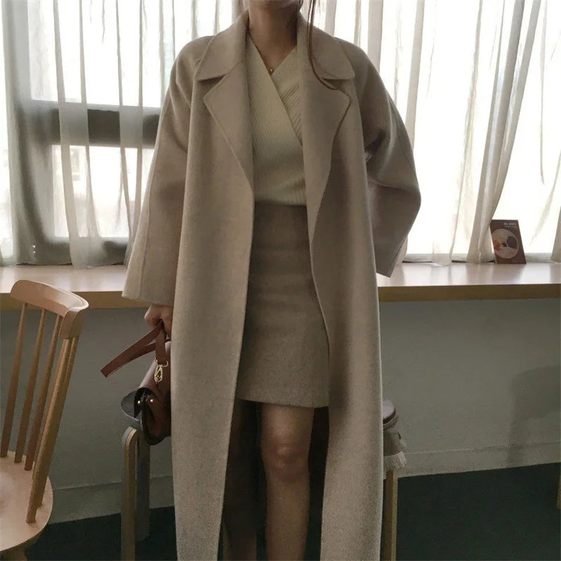 Chic Thick Warm Lapel Lace-up Pockets Loose Woolen Coat 2025 Autumn Winter New Korean Female Long Oversize Casual Women Clothes