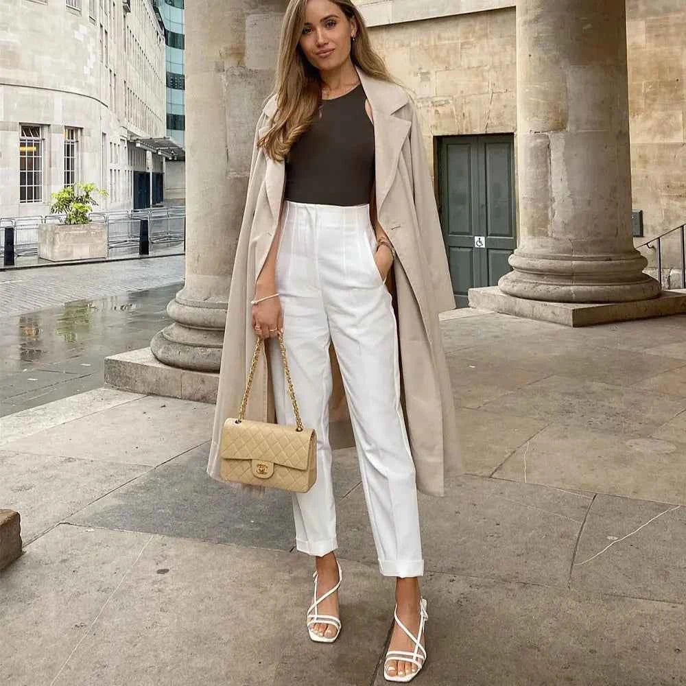 DUOPERI Women Fashion Solid Basic High Waist Trousers Chic Female Office Lady Casual Business Workwear Long Pant