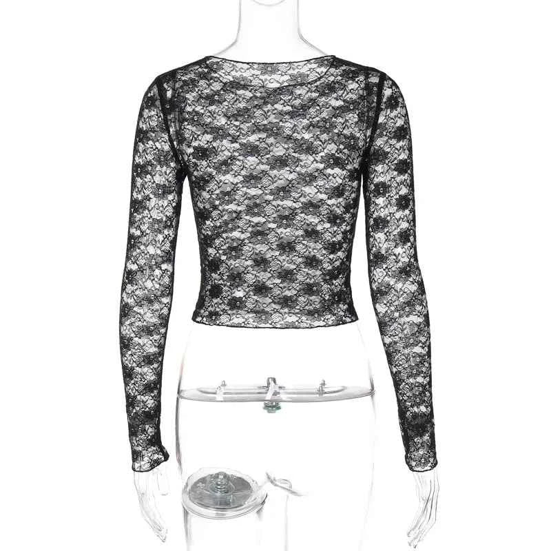 Mooyufon Long Sleeves See Through Lace Crop Top Solid Sexy Bodycon T-Shirt For Women Party Club Autumn Winter Clothes