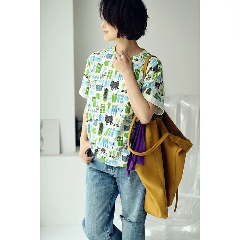 MICOCO T5310C Literary style fresh cartoon print loose crew neck short sleeve T-shirt women
