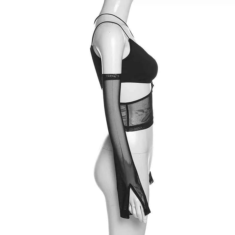 Asymmetrical Cut Out Mesh Crop Top with Sleeves Fairy Grunge  Clothes Transparent Camisole Tank Tops