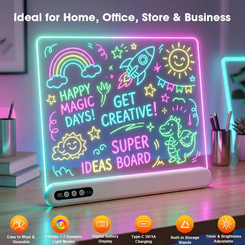 LED Neon Drawing Board with Timer and Battery Display