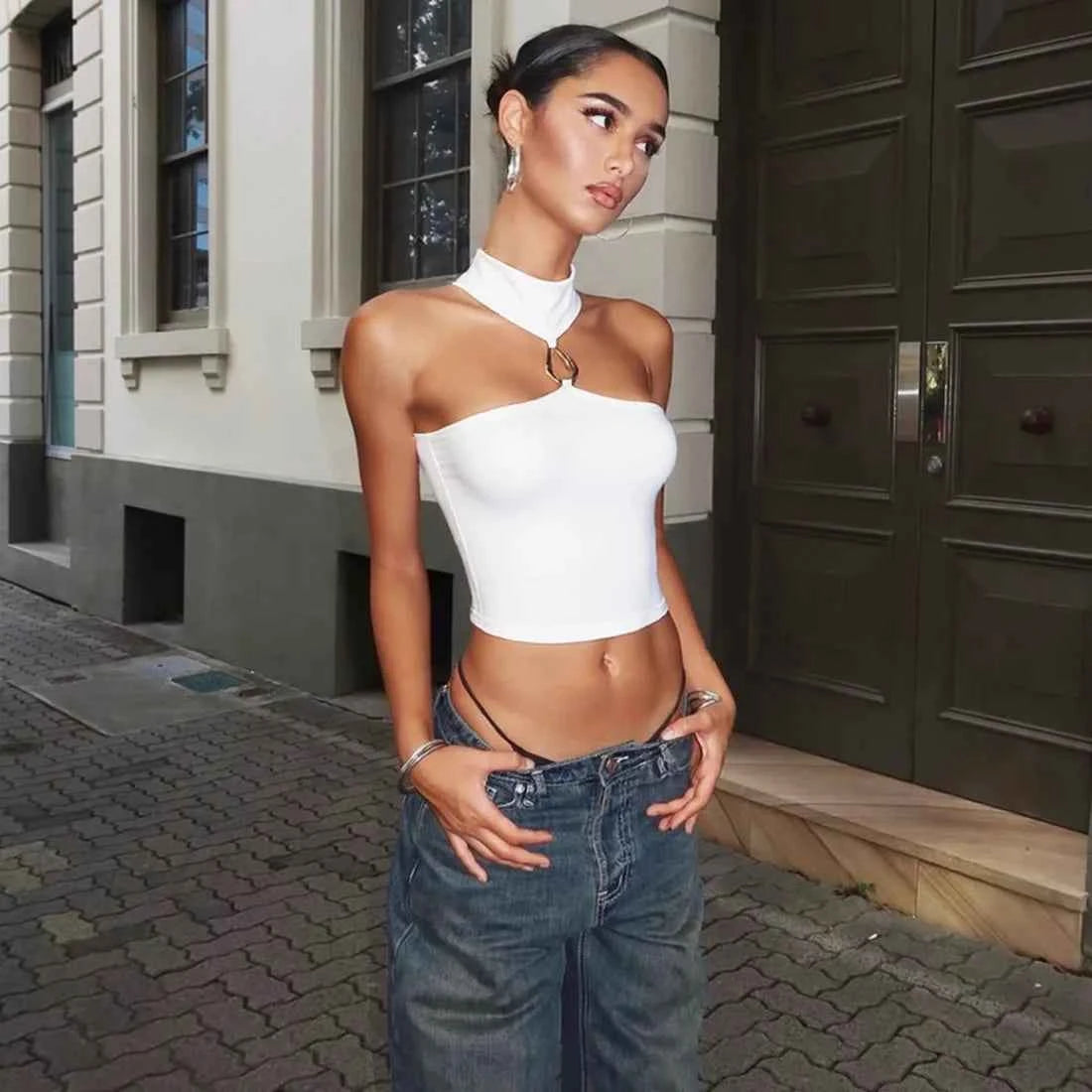 Metal Buckle Decoration Tank Tops Women Turtleneck Off Shoulder Skinny Stretch Street Fashion Wild Style Solid Outfits