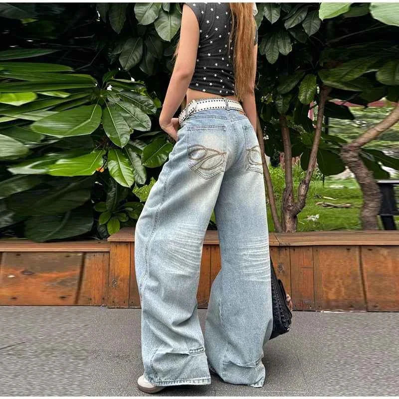 Women's Jeans Vintage Printed High Waist Zipper Pockets Straight Leg Trousers Female 2026 Spring Fashion Woman Clothes Outwears
