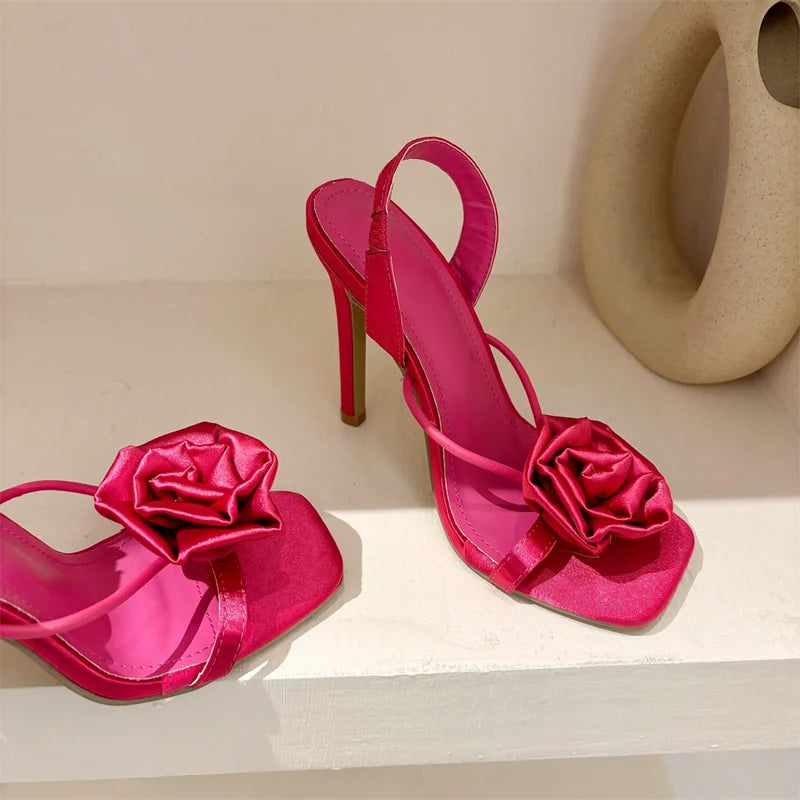 Liyke Summer Square Toe Slip On Back Strap Sandals Women Fashion Red Rose Flowers Designer High Heels Ladies Shoes Size 35-42