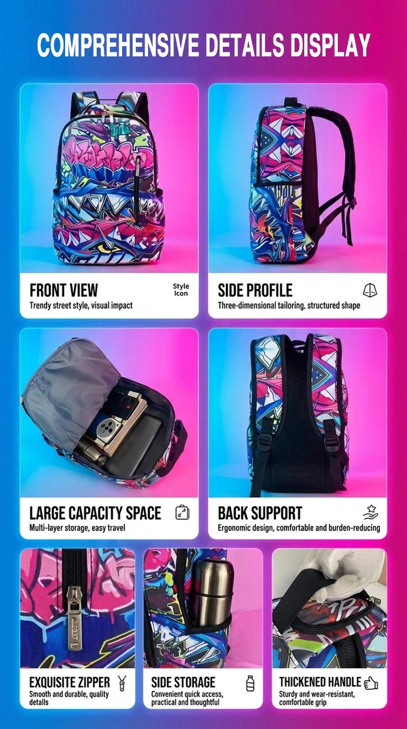 A Hip-Hop Street-Style Backpack with Spray-Painted Ground Motifs for Men, a New Trendy Lightweight Printed Backpack with a Checkered Pattern, Also a Fashionable Outdoor Commuter Bag, Large-Capacity Travel Bag, Multifunctional