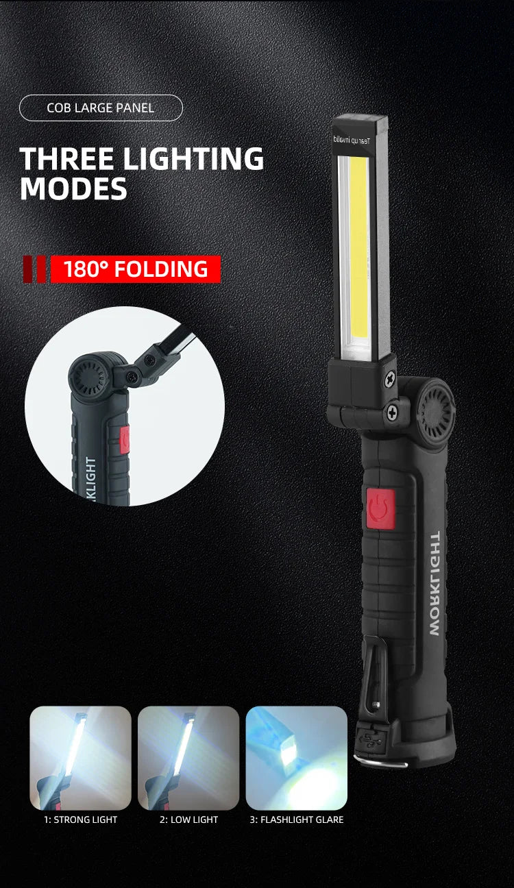 Portable COB LED Flashlight USB Rechargeable Work Light Magnetic Lanterna Hanging Lamp with Built-in Battery Camping Torch