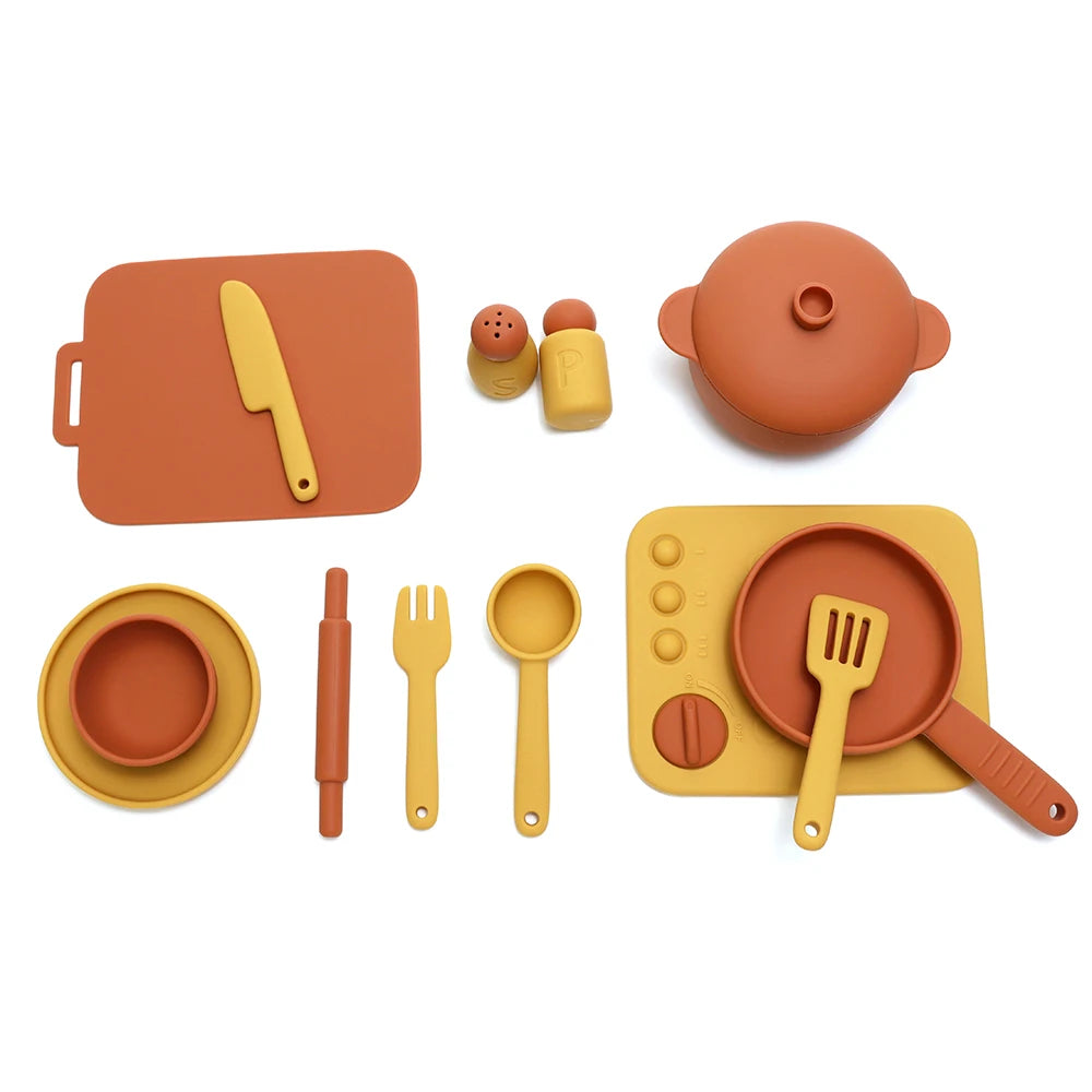 Kids Pretend Play Kitchen Toys, Food-Grade Silicone Dish Set, Realistic Mini Cooking Toys with Bowls, Plates, Pots for Toddlers
