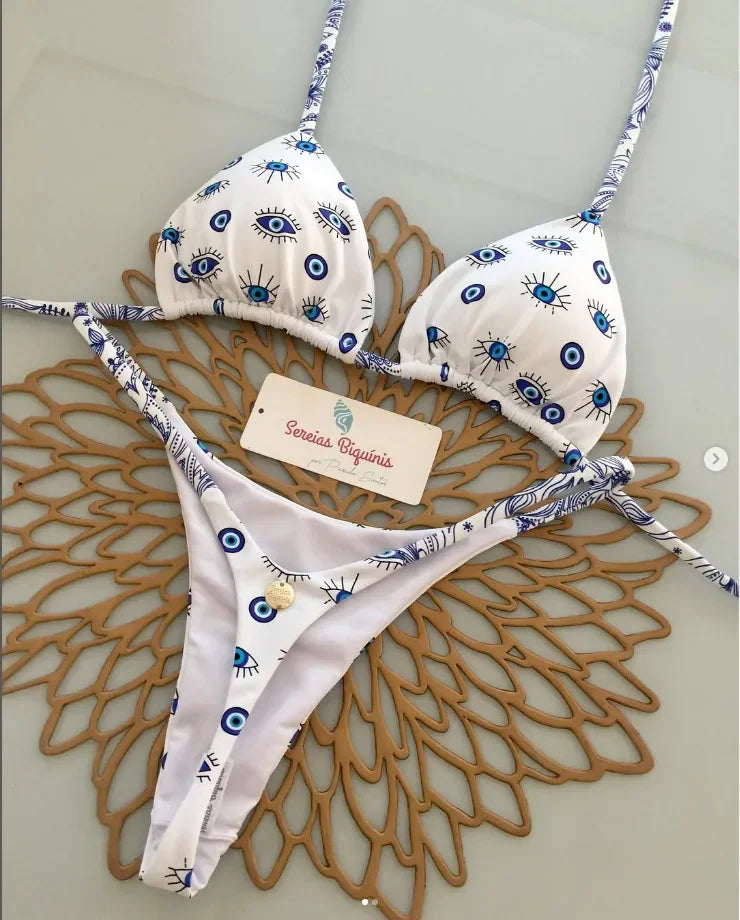Print Sexy Bikini Sets Halter Lace-up Tops Thongs Beach Style Bathing Suit Y2k Swimsuits Women Beachwear Купальник Женский
