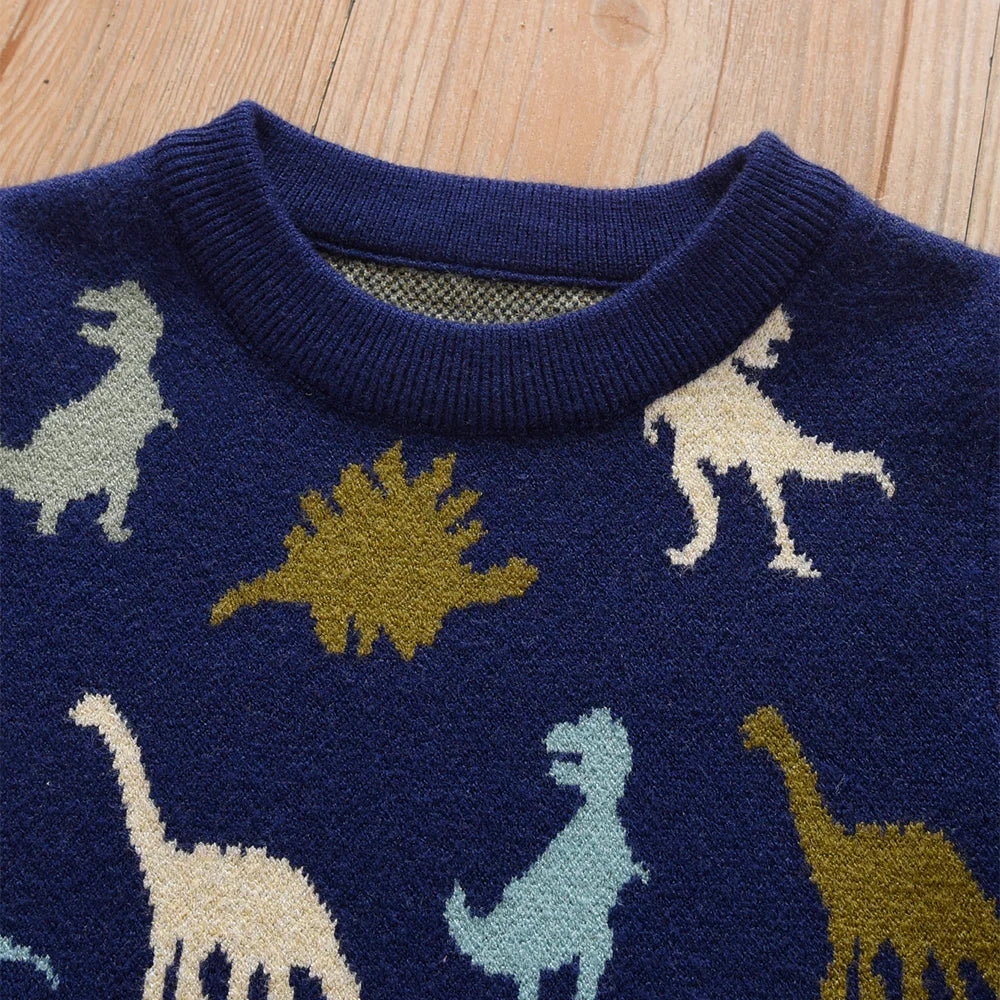 Boys' Navy Blue Dinosaur Printed Knitted Sweater 2-6Y Cute Pattern Pullover Toddler Autumn/Winter Top