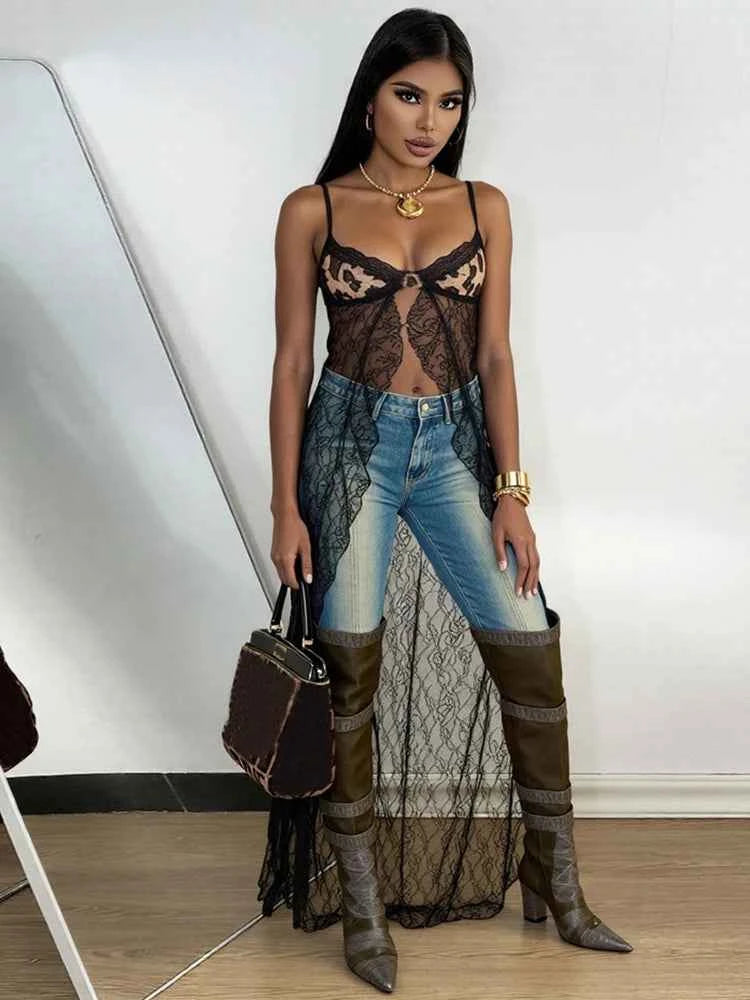 Weird Puss Backless Sexy Women Camisole Leopard Mesh Patchwork Ruffles Sexy Club Party Midnight Hot Girls Wild Coquette Maxi Top
