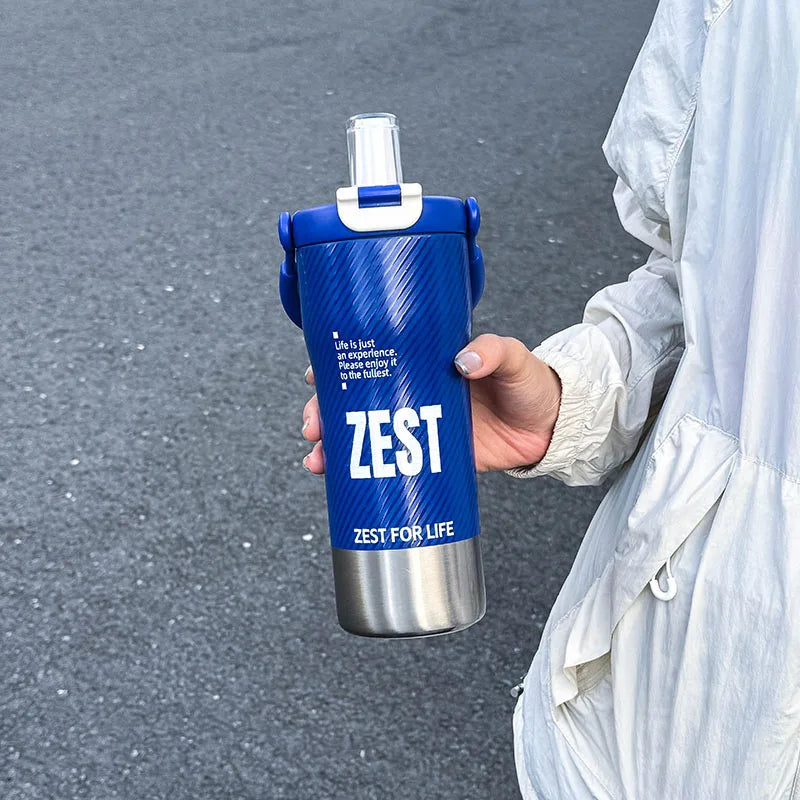 1pc Minimalist Sports-Style Insulated Water Bottle with Straw, 600ML with Handle, Lid Supporting Both Straw & Direct Drinking