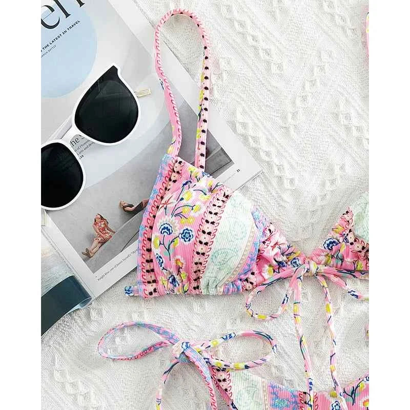 BIQIUYYI New Floral Print String Bandage Bikinis Triangle Cup Push Up Swimsuit Women Bathing Suit Beachwear Halter Swimwear XS