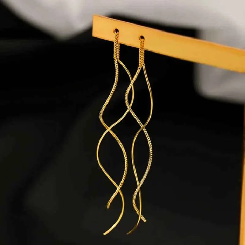 Long Spiral Ear Line Wave Drop Geometric Simple Rhinestones Metal Style Tassel Dangle Earrings for Women Party Fashion Jewelry N