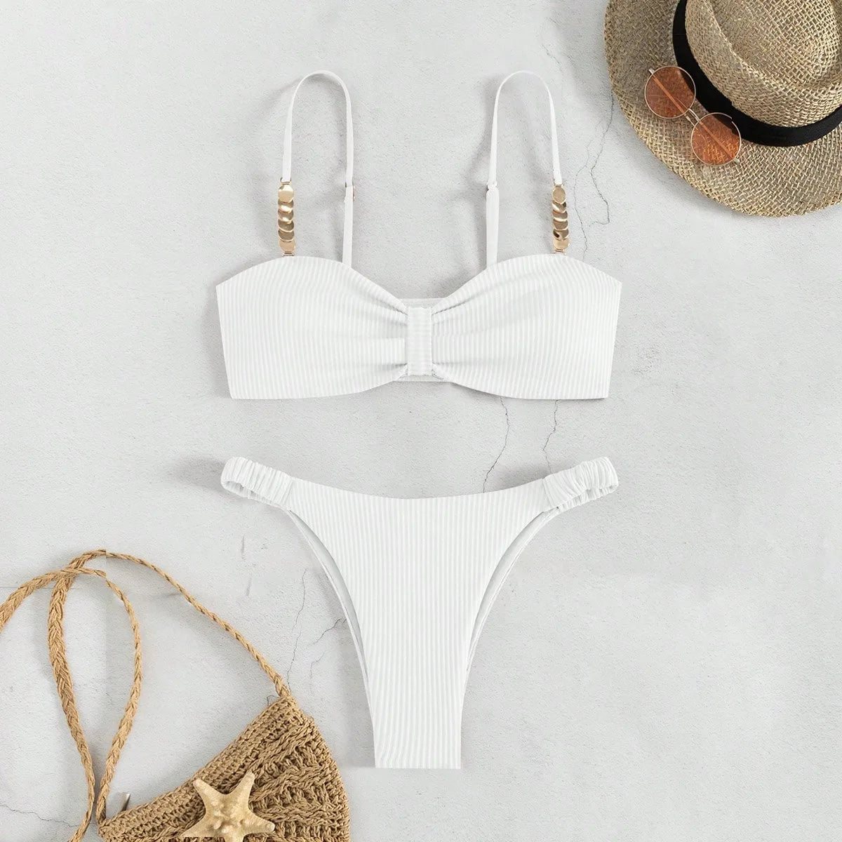 Sexy Front Bow Push Up Bikini Set 2026 Women Metal Strap Hollow Out Bra Pleate Thong Swimsuit Summer Bathing Suit White Swimwear