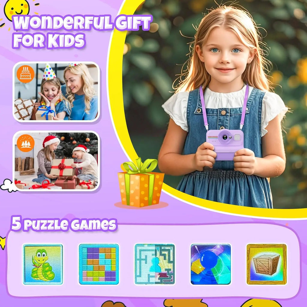 Kids Camera Instant Print, 1080P HD Instant Print Camera for Kids with 3 Rolls Print Paper, Selfie Digital Camera for Kid