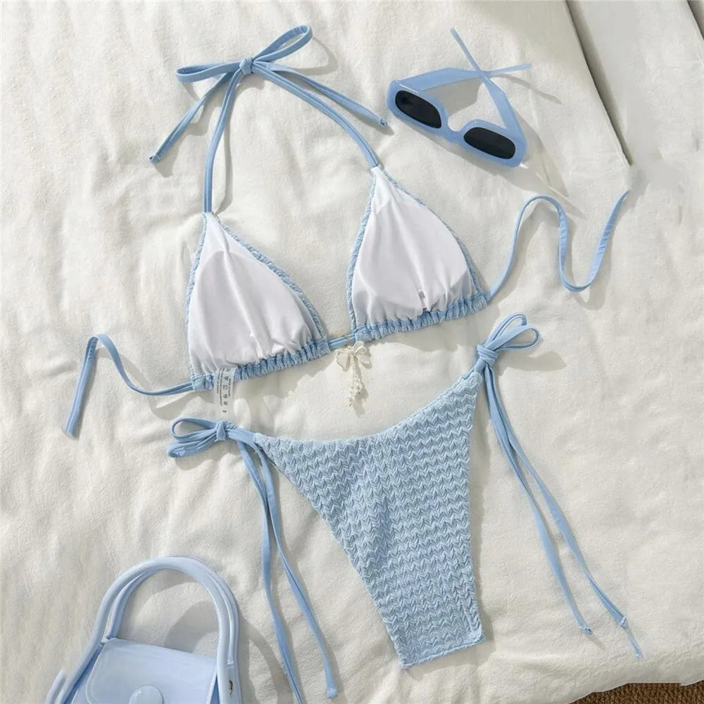 Yellow Halter String Triangle Micro Bikini Thong Solid Swimwears Bow Pearl Sexy Swimsuit Women Bathing Suit Bikinis Sets 2026