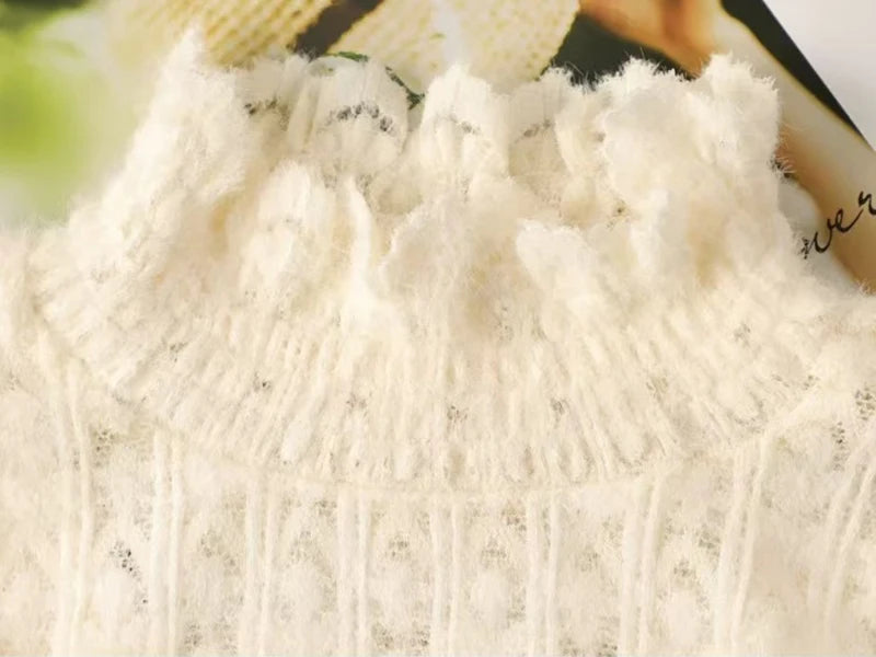 Lace Half Turtleneck Knitted Sweater Women Fall Winter Thick Warm Long Sleeve Pullover Korean Chic Slim Hollow Out Jumper New